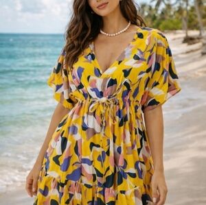 Yellow Abstract Mini Dress Dopamine Dressing  Artsy Summer Flowy Tie Front